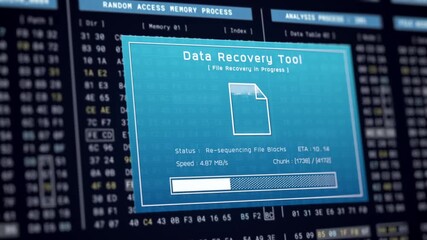 Data recovery process screen on cloud storage server, database protection backup for restore secure file sharing network, cyber security software technology, retro binary computer repair monitor UI - Powered by Adobe