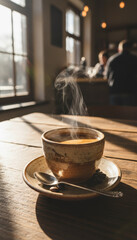 Steaming ceramic coffee cup on saucer coffee spoon coffee bean wooden table morning light cozy cafe atmosphere