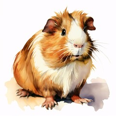Watercolor painting of a cute guinea pig with fluffy fur