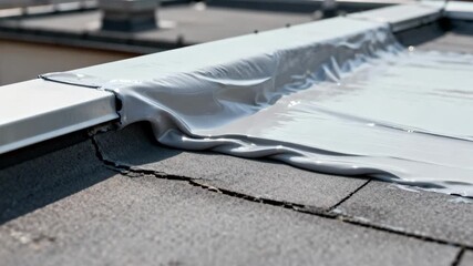 Medium shot capturing the application of elastomeric roof coating demonstrating its flexible durable layer adapting to roof movements.