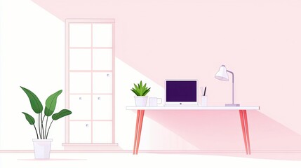 A minimalist office desk with a laptop, plants, and a lamp, bathed in soft, natural light, creating a serene and modern workspace.