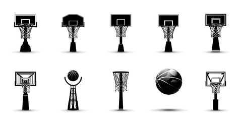 black vector various style Basketball hoop, basketball and goal, net, ring icon silhouettes set