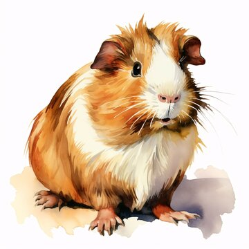 Watercolor painting of a cute guinea pig with fluffy fur