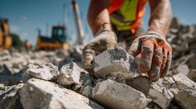 Worker sorting concrete rubble at a construction site assessing material for recycling and reuse in new building projects under bright daylight. - Powered by Adobe