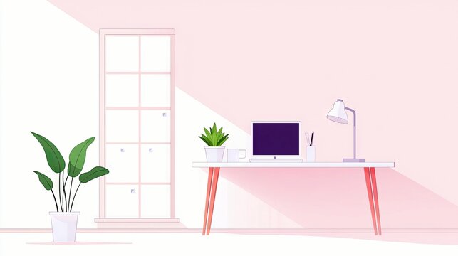 A minimalist office desk with a laptop, plants, and a lamp, bathed in soft, natural light, creating a serene and modern workspace. - Powered by Adobe