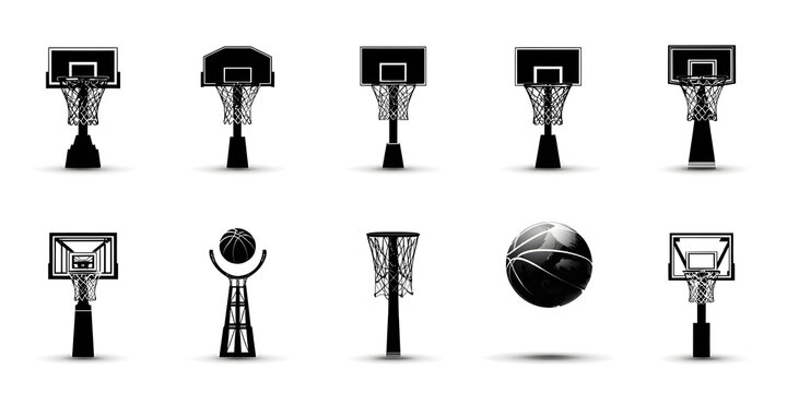 black vector various style Basketball hoop, basketball and goal, net, ring icon silhouettes set