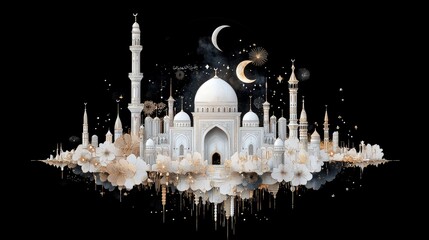 Illustration of a mosque with minarets, domes, and floral elements, featuring crescent moons and stars against a black backdrop.