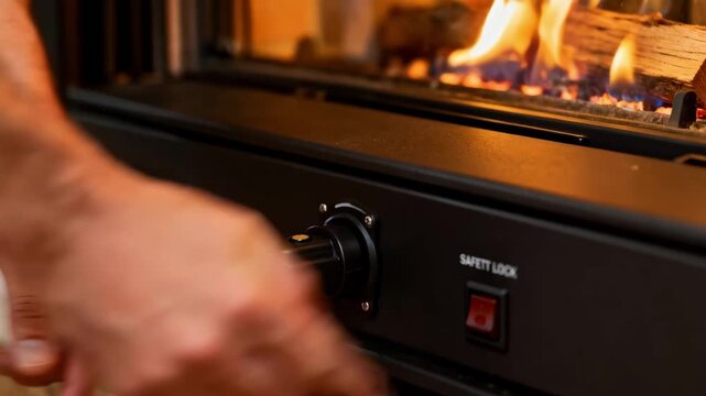 Hands adjusting an electric starter on a gas fireplace demonstrating easy ignition and safety in converting wood fireplaces to gas.