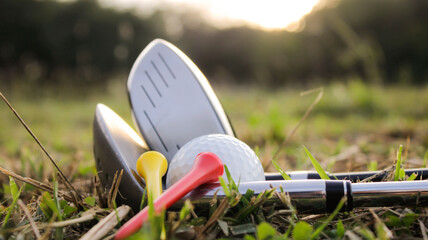 Golf Equipment with Clubs, Tees, and Ball on Grass Field