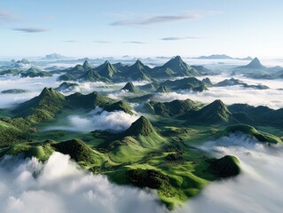 Aerial view of a mountain landscape with lush green hills, valleys, and clouds. The scene is bathed in soft, natural light, creating a serene and tranquil atmos