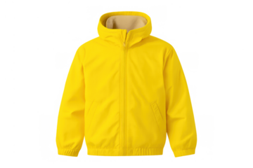 Yellow waterproof jacket with hood and front zipper, unisex outdoor rain gear, isolated on transparent background
