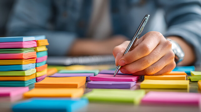 Person writing on colorful sticky notes while organizing ideas and tasks, close-up view of hands and stationery - Powered by Adobe