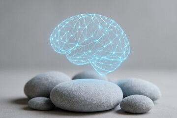 AI generated futuristic brainwave hologram floating above frosted stones with glowing connections. Soft blue light and minimalistic design create a calm, abstract representation of neural networks.