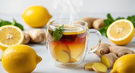 Hot herbal ginger lemon tea in glass cup with fresh mint and steam on light table surrounded by whole lemons, sliced lemon halves and raw ginger root pieces