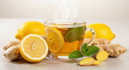 Soothing ginger lemon tea in glass cup with fresh citrus slices, mint leaves and whole ginger roots on light wooden table with rising steam and warm wellness atmosphere