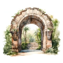 Obraz premium Watercolor painting of a stone archway leading to a lush tropical garden with palm trees