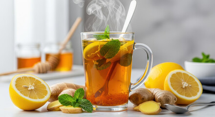 Soothing hot lemon ginger tea with fresh mint leaves in glass cup on kitchen table, surrounded by sliced citrus, ginger root and honey jar, comforting wellness drink for cold season