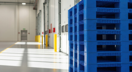 Blue plastic pallets stacked in large modern warehouse aisle with industrial loading docks, concrete floor and bright sunlight reflections creating geometric patterns on interior walls