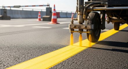 Fresh yellow road centerline being painted by striping machine on new asphalt highway during daylight construction work with traffic cones safety barriers in background