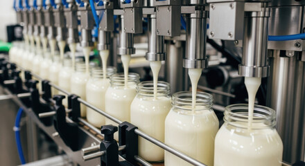 Automated dairy processing line filling glass jars with creamy yogurt in modern food factory, stainless steel industrial equipment ensuring consistent packaging and quality control © Bakha