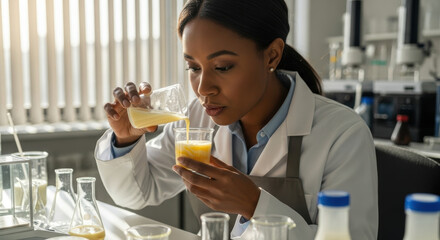 Curious food scientist in modern laboratory evaluating beverage aroma while pouring liquid from beaker to glass, focusing on sensory analysis, quality control and innovative product development