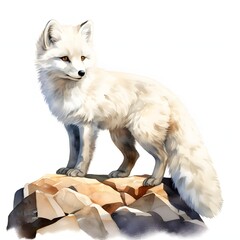 Fototapeta premium Arctic fox stands alert on rocky terrain in a watercolor style painting