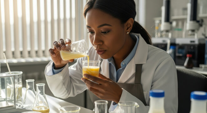 Curious food scientist in modern laboratory evaluating beverage aroma while pouring liquid from beaker to glass, focusing on sensory analysis, quality control and innovative product development