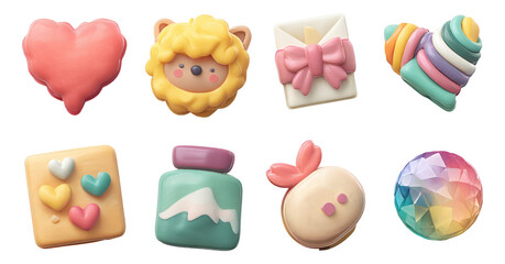 Colorful Pastel 3D Clay Love Tokens and Stickers Collection for Crafts and Design