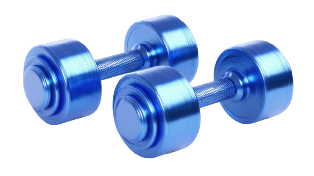Blue dumbbells representing fitness, strength, weightlifting, and healthy lifestyle on transparent background