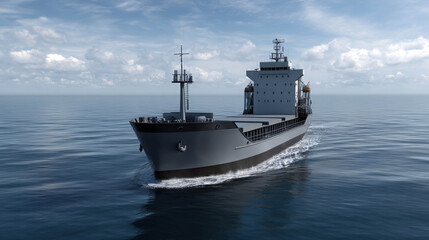 Realistic Cargo Ship Navigating Through Calm Ocean Waters under Clear Skies for Stock Photo Collection