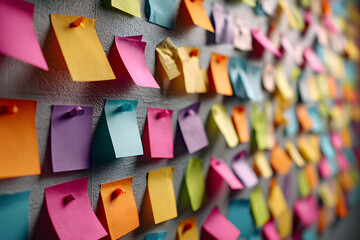 Naklejka premium A close-up shot of a wall covered with colorful Post-it Notes, ideal for use as an example of creative communication or brainstorming