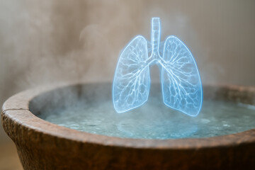 AI generated hologram bronchial pattern floating above steaming mineral water in a thermal spring with natural stone edges. Perfect for health and wellness themes.