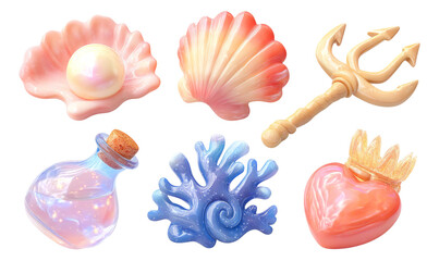 Enchanted Sea Relics Collection with 3D Illustrations and Transparent Background