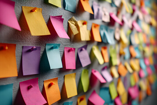 A close-up shot of a wall covered with colorful Post-it Notes, ideal for use as an example of creative communication or brainstorming