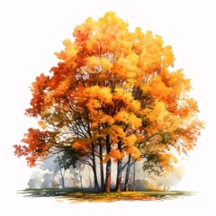 Watercolor painting of a large oak tree with orange leaves in the autumn season