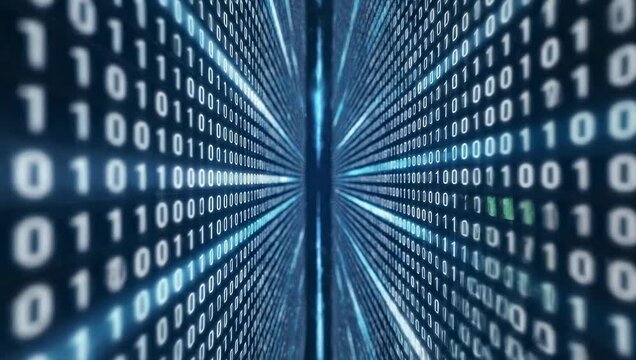 Abstract Digital Binary Code Tunnel With Blue Glowing Light Effects And Futuristic Motion Blur