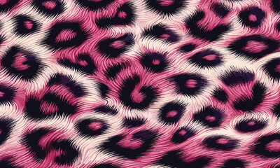 Vibrant pink and black leopard animal print with a detailed fur texture, a glamorous and wild seamless skin pattern illustration