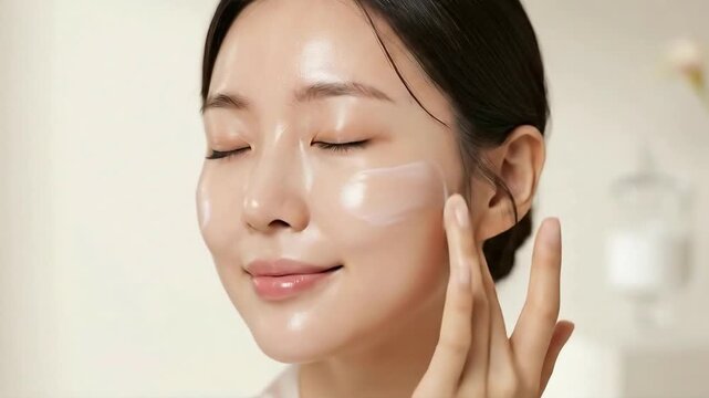 Young Korean model applying skin care cream for a fresh, radiant complexion.