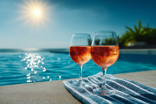 Two elegant glasses of sparkling drink by poolside in sunlight, refreshing summer vacation concept captured beautifully