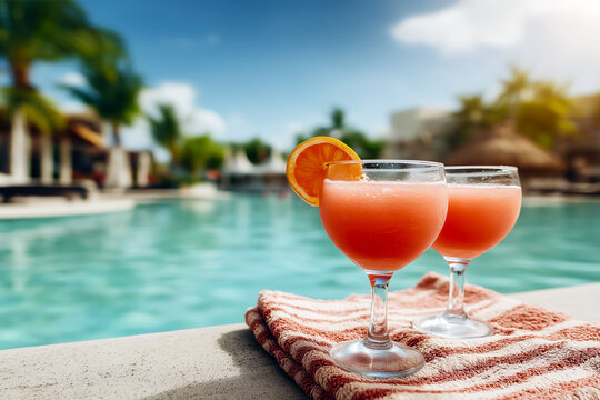 Refreshing tropical drinks with orange slice garnish by luxurious resort poolside, perfect summer getaway concept