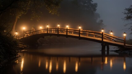 Mystical wooden bridge illuminated by lanterns over a foggy river at night