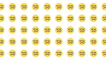 Several yellow sad face emojis with tears on a white background. Suitable for conveying feelings of sadness, grief, disappointment in design projects.