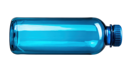 Blue plastic bottle with cap lying horizontally isolated on transparent background for packaging and design concepts