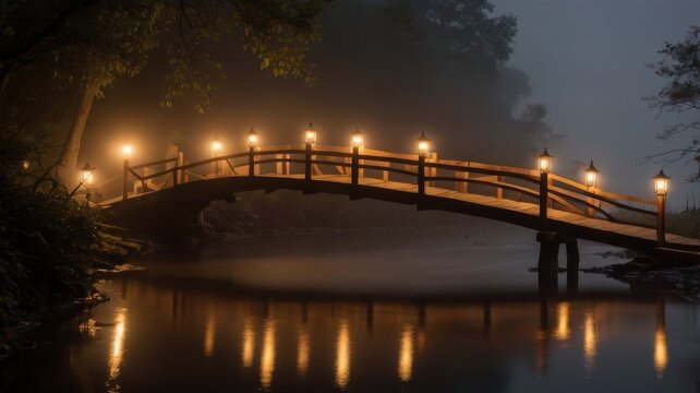Mystical wooden bridge illuminated by lanterns over a foggy river at night