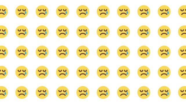 Several yellow sad face emojis with tears on a white background. Suitable for conveying feelings of sadness, grief, disappointment in design projects.