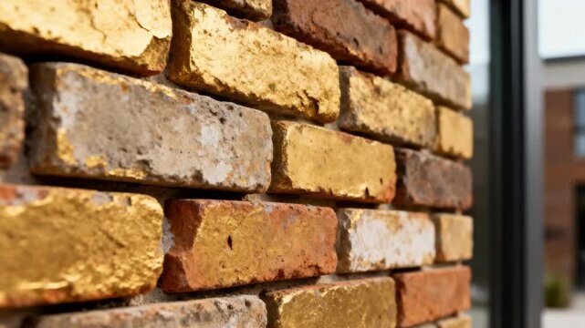 Closeup medium shot of reclaimed brick cladding highlighting weathered textures and natural color variations adding rustic charm to an urban exterior wall.