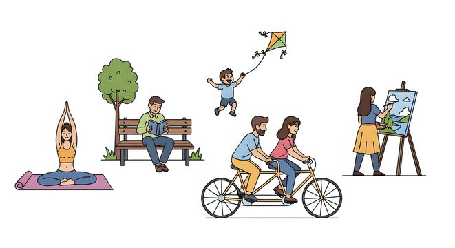 A diverse set of people enjoying various outdoor recreational hobbies and leisure activities for a healthy and balanced lifestyle concept