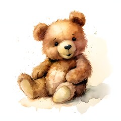 Watercolor painting of a cute teddy bear sitting down on a white background