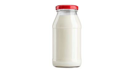 Glass bottle of fresh milk with red cap isolated on transparent background for packaging or dairy design concept