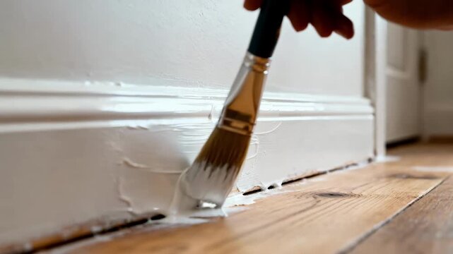 Focused medium shot of enamel paint being meticulously applied to a baseboard showcasing a durable glossy protective coating during touchup work.